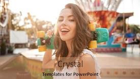  Presentation with outdoors - Presentation theme having picture of smiling young woman holding skateboard outdoors looking camera background and a coral colored foreground