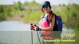  Presentation with green lake - PPT layouts featuring picture of sporty woman with walking sticks on background of lake and green vegetation background and a tawny brown colored foreground