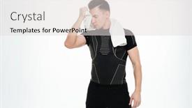  Presentation with standing strong - Amazing presentation design having picture of strong sportsman standing with towel isolated over white background looking aside backdrop and a light gray colored foreground