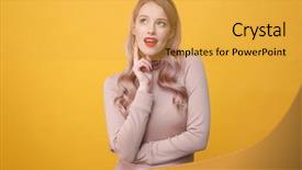  Presentation with bright yellow - PPT theme with picture of thoughtful young blonde lady with bright makeup lips posing over yellow background looking aside background and a yellow colored foreground