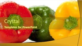  Presentation with water droplets - Slide set having picture of three colored bell peppers with water droplets background and a tawny brown colored foreground