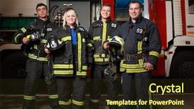  Presentation with fire truck - Beautiful presentation theme featuring picture of three young fire backdrop and a tawny brown colored foreground