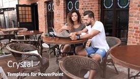  Presentation with tourists - PPT theme consisting of picture of tourists looking at map in a cafe background and a tawny brown colored foreground