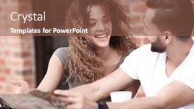  Presentation with tourists - Theme with picture of tourists looking at map in a cafe background and a tawny brown colored foreground