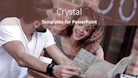  Presentation with tourists - PPT theme having picture of tourists looking at map in a cafe background and a violet colored foreground