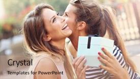  Presentation with birthday - Slide deck featuring picture of two girl friends making a surprise birthday present background and a coral colored foreground