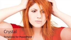  Presentation with unhappy - PPT layouts having picture of unhappy redhead woman over white background and a coral colored foreground