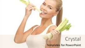  Presentation with celery - PPT layouts having picture of woman biting piece of celery or green salad background and a lemonade colored foreground