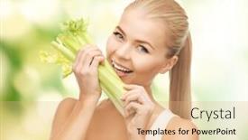  Presentation with celery - Amazing slide set having picture of woman biting piece of celery or green salad backdrop and a coral colored foreground
