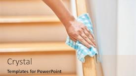  Presentation with steps - Presentation theme having picture-of-woman-cleaning-stair background and a coral colored foreground
