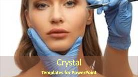  Presentation with beautician - Presentation theme consisting of picture of woman face and beautician hands with scalpel background and a tawny brown colored foreground