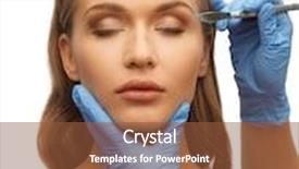  Presentation with beautician - PPT theme consisting of picture of woman face and beautician hands with scalpel background and a tawny brown colored foreground