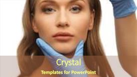  Presentation with beautician - Slide deck with picture of woman face and beautician hands with scalpel background and a tawny brown colored foreground