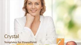  Presentation with healthy breakfast - Presentation enhanced with picture of woman in casual clothes with healthy breakfast background and a lemonade colored foreground