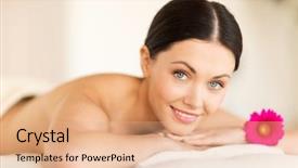  Presentation with spa salon - PPT theme consisting of picture of woman in spa salon lying on the massage desk background and a coral colored foreground