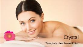  Presentation with spa salon - Presentation design featuring picture of woman in spa salon lying on the massage desk background and a coral colored foreground