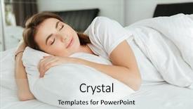 Presentation with amazing - Cool new slides with picture of young amazing woman dressed in white t-shirt lies in bed at home indoors eyes closed backdrop and a white colored foreground