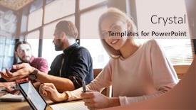  Presentation with coworking - Theme having picture of young cheerful colleagues sitting in office and coworking background and a coral colored foreground