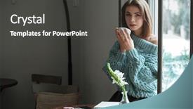  Presentation with look - Colorful presentation enhanced with picture of young incredible cheerful woman look at camera in cafe and drinking coffee backdrop and a dark gray colored foreground