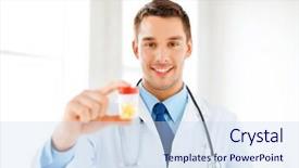 Presentation with capsules - Colorful PPT theme enhanced with picture of young male doctor with jar of capsules backdrop and a sky blue colored foreground