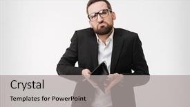  Presentation with sad - Slide set having picture of young sad businessman background and a light gray colored foreground