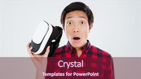  Presentation with cage - Colorful theme enhanced with picture of young shocked man dressed in casual shirt in a cage and holding virtual reality device isolated over white background backdrop and a violet colored foreground