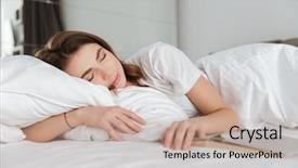  Presentation with tired - Cool new slide set with picture of young tired smiling woman dressed in white t-shirt lies in bed at home indoors and sleeping backdrop and a coral colored foreground