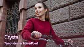  Presentation with wall street - Presentation theme featuring picture of young woman dressed in sweater walking with her bicycle near wall on the street and smiling look aside background and a tawny brown colored foreground