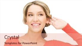  Presentation with assistive listening device - Audience pleasing slide set consisting of picture of young woman listening backdrop and a  colored foreground