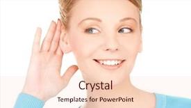  Presentation with ear - Cool new PPT theme with picture of young woman listening backdrop and a lemonade colored foreground