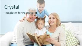  Presentation with album - PPT theme having grandparents looking at photo album background and a sky blue colored foreground