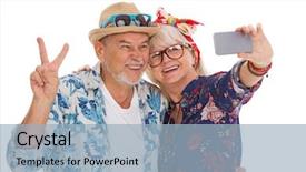  Presentation with selfie - Beautiful PPT theme featuring senior couple make a selfie backdrop and a light blue colored foreground