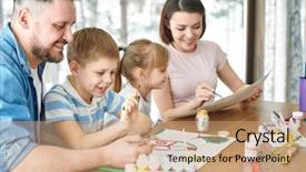  Presentation with crayons - Cool new slide set with mother drawing with crayons near backdrop and a coral colored foreground