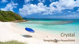  Presentation with sand ocean - Audience pleasing PPT theme consisting of picture perfect beach with blue umbrella white sand turquoise ocean water and blue sky at tropical island in caribbean backdrop and a cream colored foreground