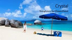  Presentation with sand ocean - Theme consisting of picture perfect beach with blue umbrella white sand turquoise ocean water and blue sky at tropical island in caribbean background and a teal colored foreground