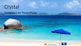  Presentation with water ocean - Presentation design enhanced with picture perfect beach with blue umbrella white sand and turquoise ocean water at tropical island in caribbean background and a light blue colored foreground