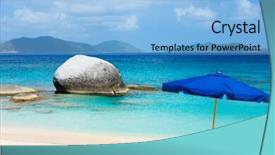  Presentation with sand ocean - Slide deck with picture perfect beach with blue umbrella white sand and turquoise ocean water at tropical island in caribbean background and a light blue colored foreground