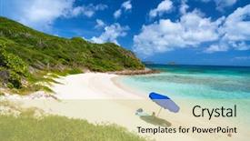  Presentation with sand ocean - Beautiful presentation design featuring picture perfect beach with blue umbrella white sand turquoise ocean water and blue sky at tropical island in caribbean backdrop and a yellow colored foreground
