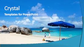  Presentation with sand ocean - Cool new presentation theme with picture perfect beach with blue umbrella white sand turquoise ocean water and blue sky at tropical island in caribbean backdrop and a teal colored foreground