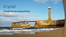  Presentation with postcard - Cool new presentation theme with picture postcard view of whitby pier and light house backdrop and a light blue colored foreground