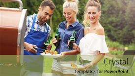  Presentation with barbecue - Colorful presentation theme enhanced with picture presenting group of friends having barbecue party backdrop and a yellow colored foreground