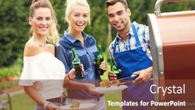  Presentation with barbecue - Audience pleasing theme consisting of picture presenting group of friends having barbecue party backdrop and a tawny brown colored foreground