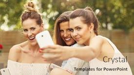  Presentation with smartphones - Theme with picture presenting happy group of friends with smartphones sitting outdoors background and a lemonade colored foreground