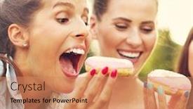  Presentation with friends - Colorful presentation theme enhanced with picture presenting happy group of friends eating donuts outdoors backdrop and a coral colored foreground