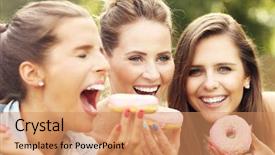  Presentation with donuts - Amazing presentation design having picture presenting happy group of friends eating donuts outdoors backdrop and a coral colored foreground