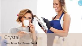  Presentation with hair salon - Amazing theme having picture showing adult woman at the hair salon backdrop and a soft green colored foreground