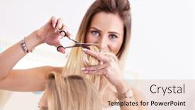  Presentation with hair salon - Beautiful slides featuring picture showing adult woman at the hair salon backdrop and a coral colored foreground