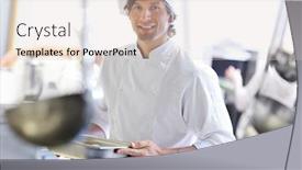  Presentation with busy work - Cool new slides with picture showing busy chef at work in the restaurant kitchen backdrop and a light gray colored foreground