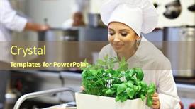  Presentation with busy work - Cool new theme with picture showing busy chef at work in the restaurant kitchen backdrop and a coral colored foreground