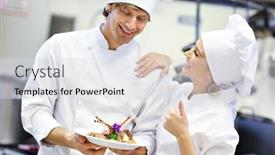  Presentation with busy work - Slides featuring picture showing busy chefs at work in the restaurant kitchen background and a light gray colored foreground